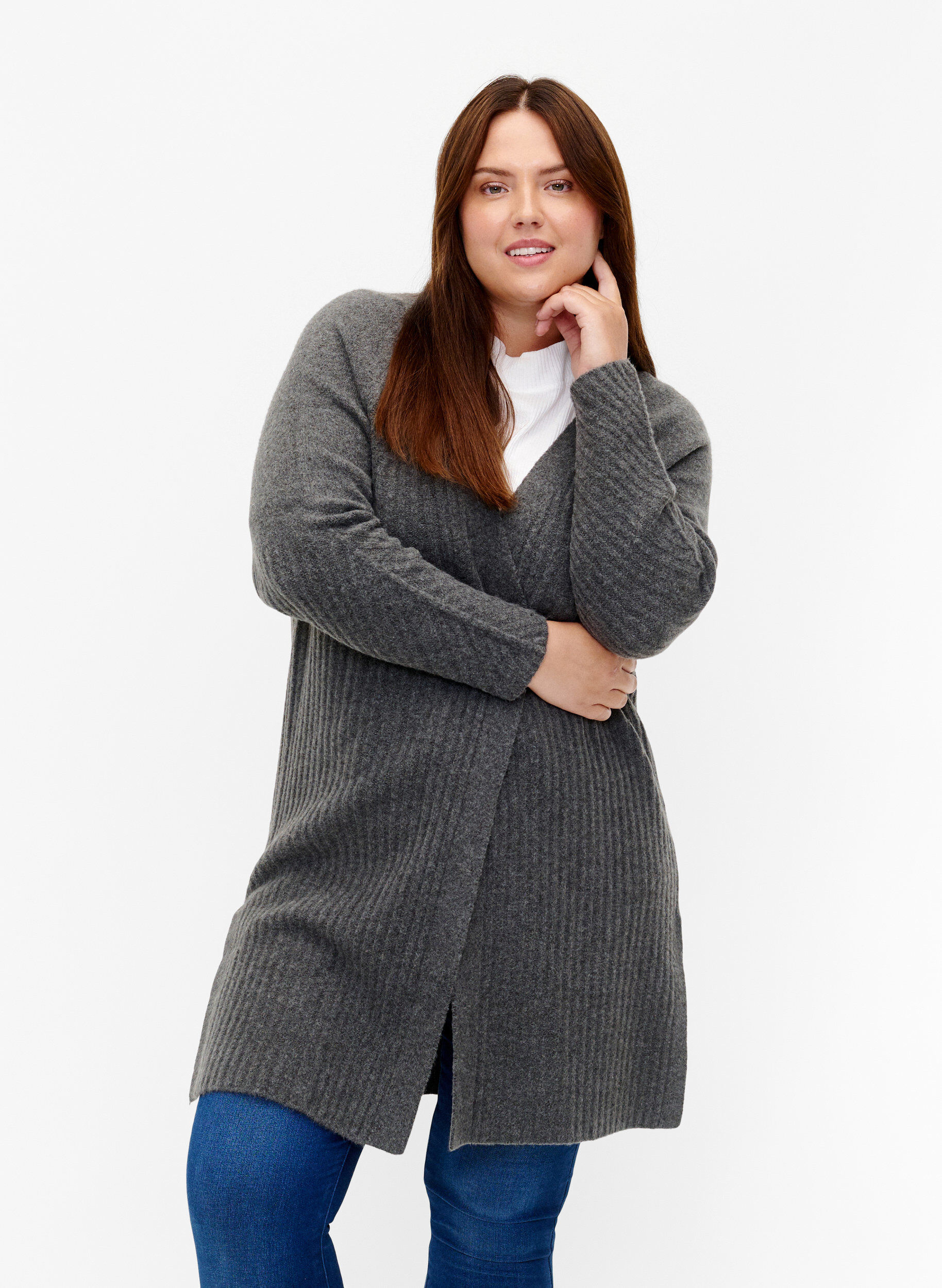 Zizzi Lang ribstrikket cardigan, Dark Grey Melange, Model image number 0