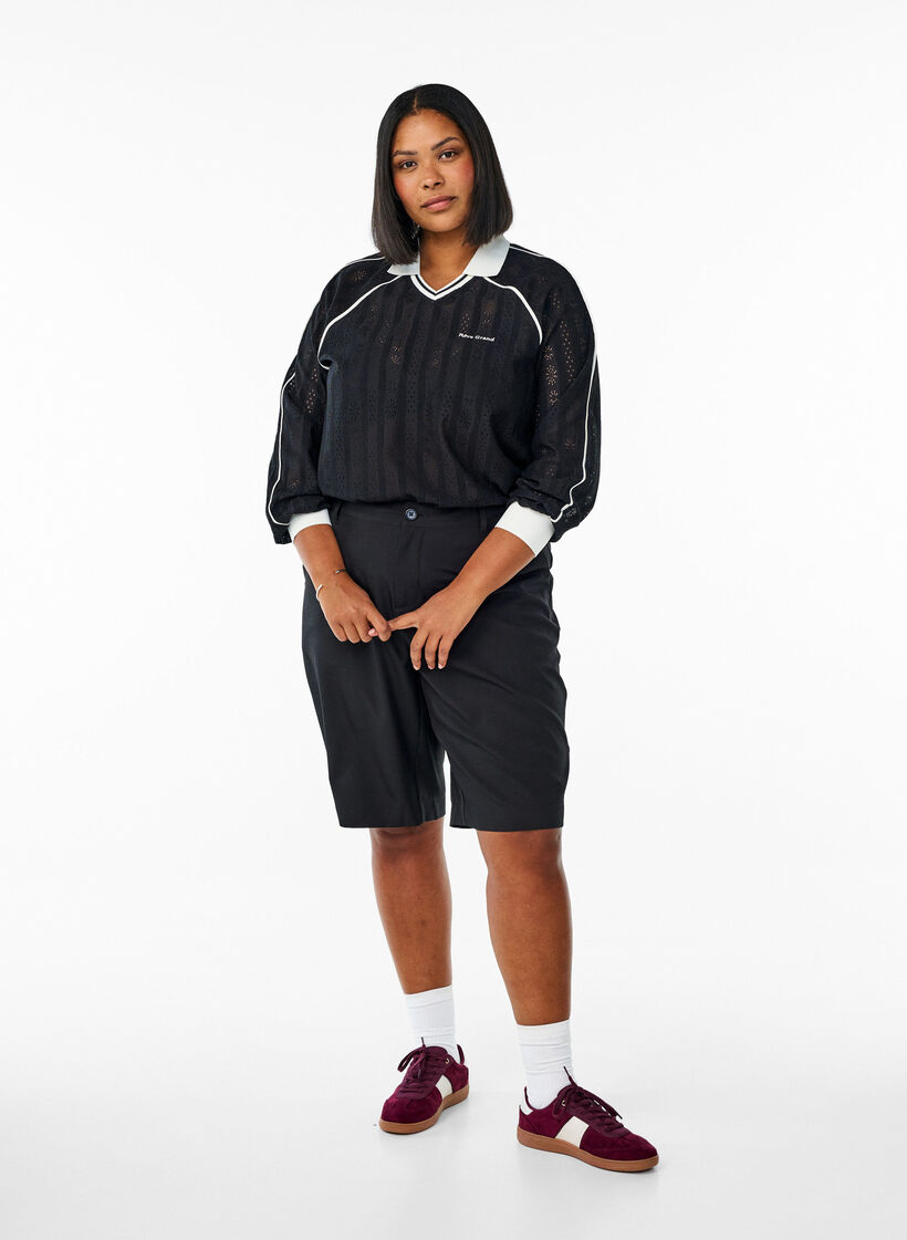 Bluse i strukturmønstret jersey med kontrastdetaljer, Sort, Model image number 1