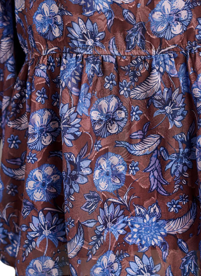 Blomstret bluse med fl&aelig;se&aelig;rmer, Brun, Packshot image number 3
