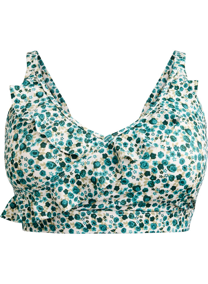 Blomstret bikini bh med fl&aelig;sedetaljer, Gr&oslash;n, Packshot image number 0