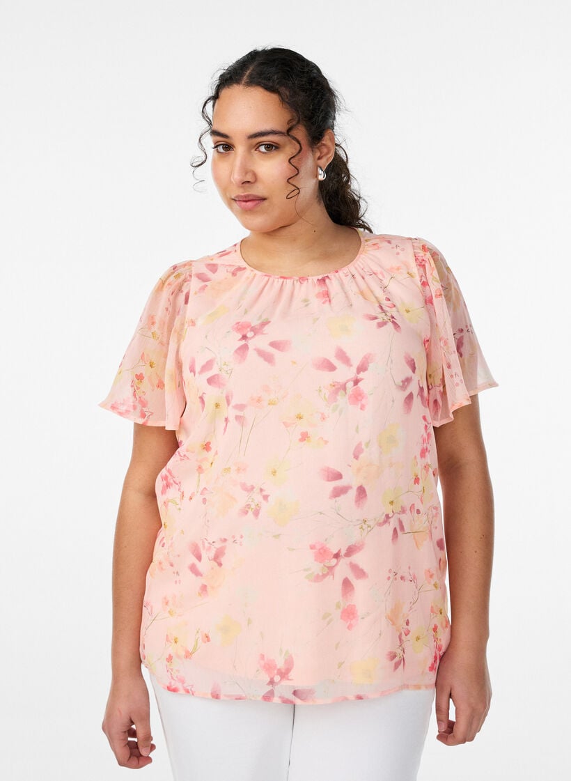 Bluse med blomsterprint og luftige &aelig;rmer, Orange, Model image number 0