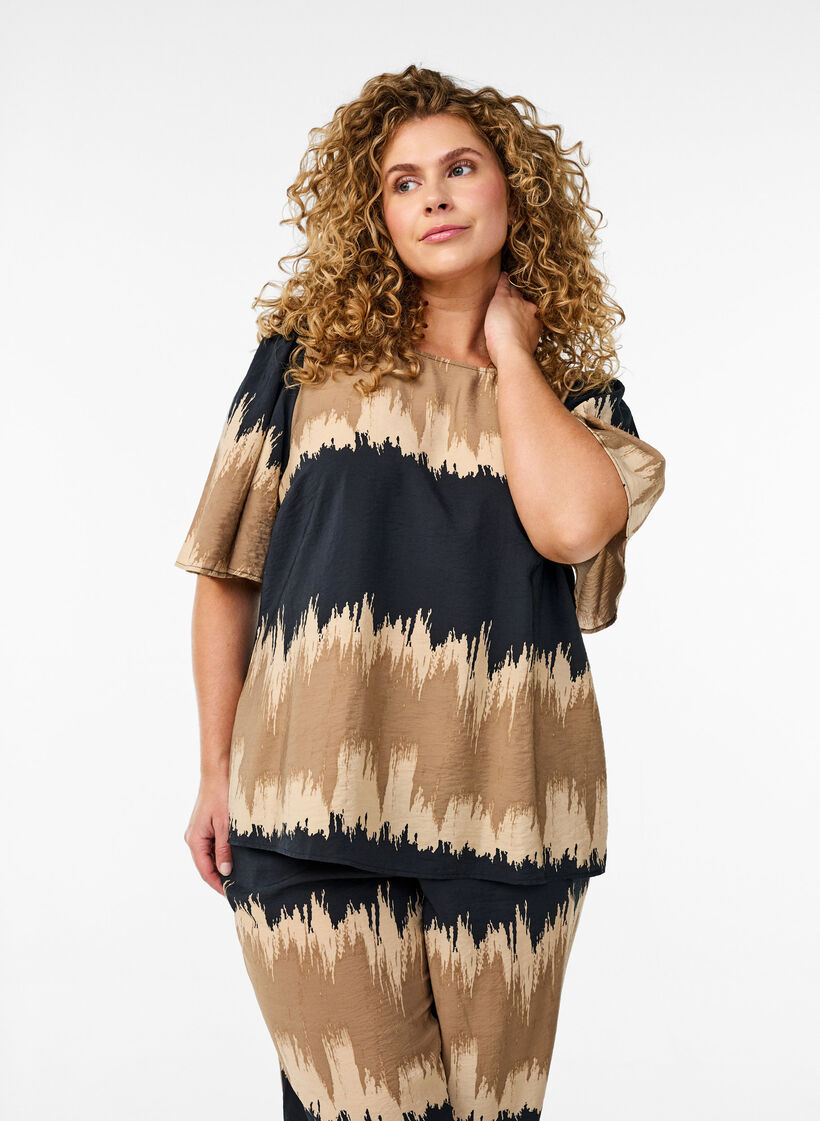 Bluse med brede ærmer og grafisk print, Sort, Model image number 0