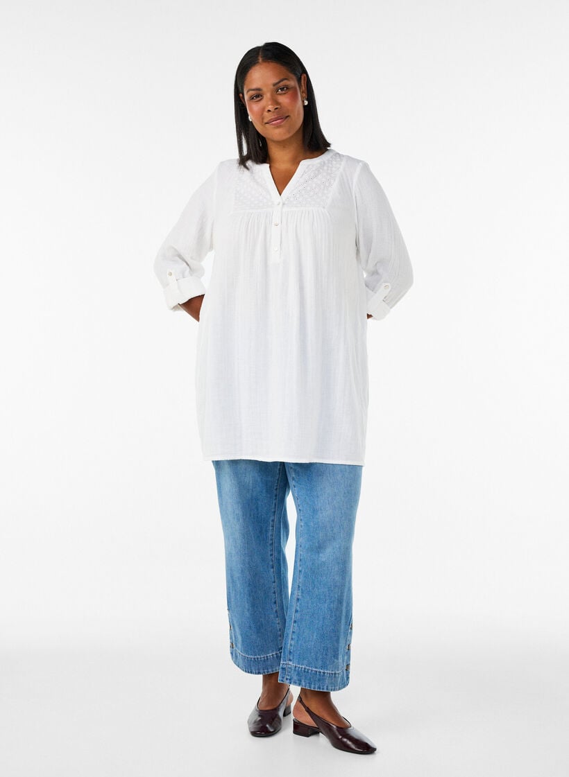 Tunika i bomuldsmusselin med broderi anglaise, Hvid, Model image number 1