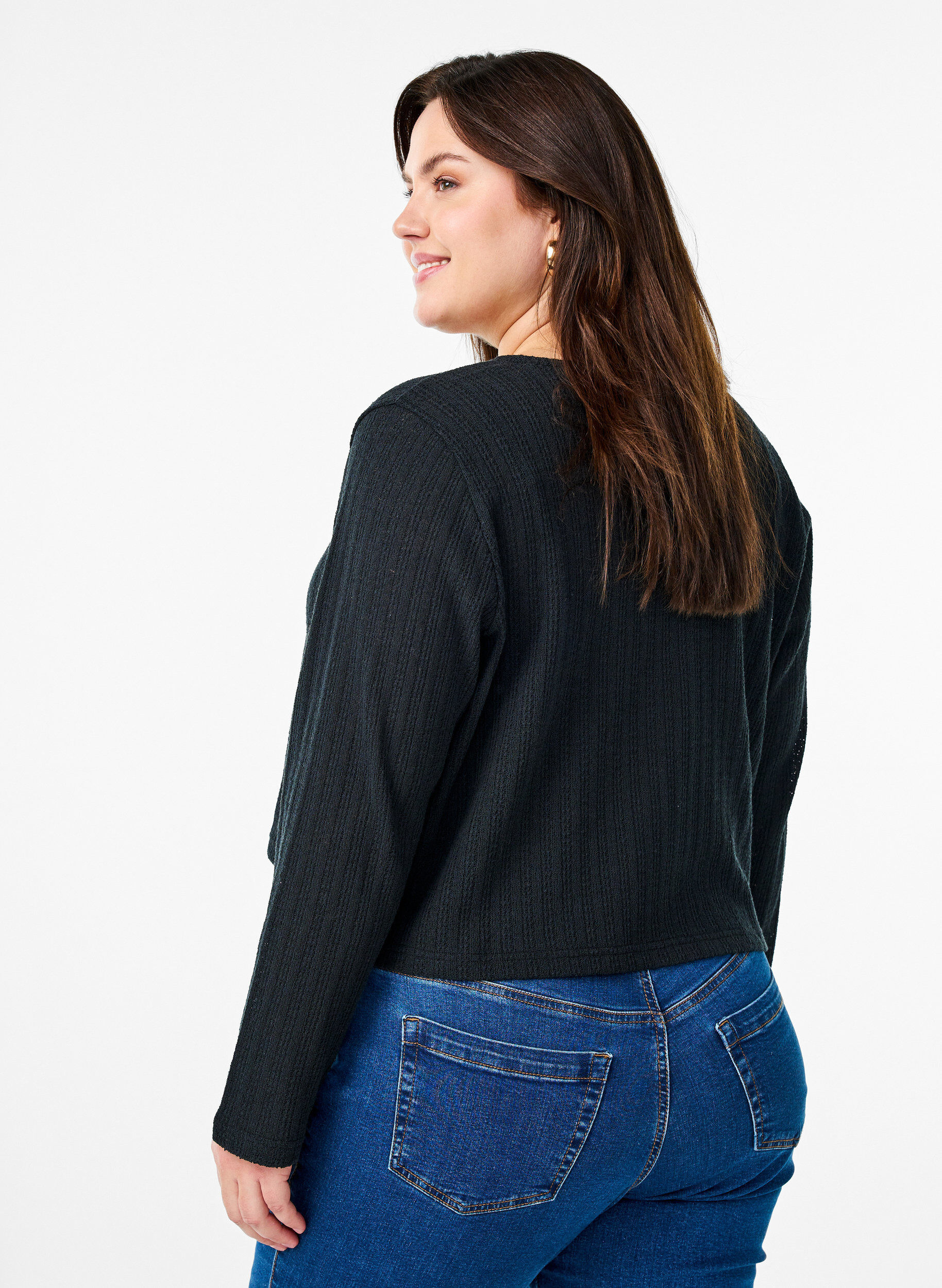 Zizzi Jerseycardigan med struktur og bindeb&aring;nd, Sort, Model image number 2