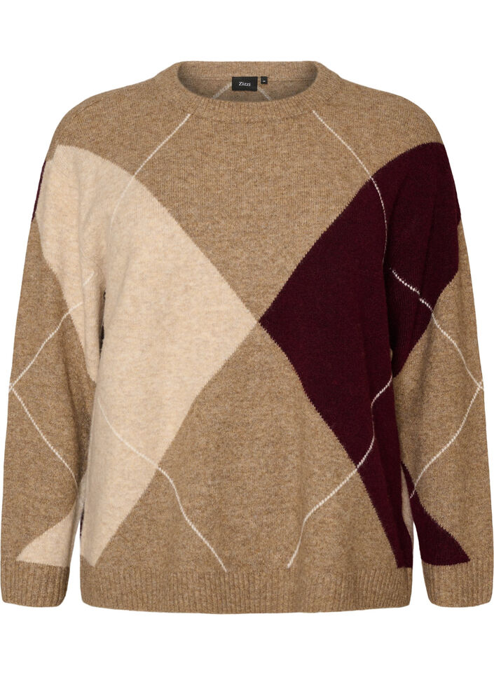 Strikbluse med harlekinm&oslash;nster, Brun, Packshot image number 0