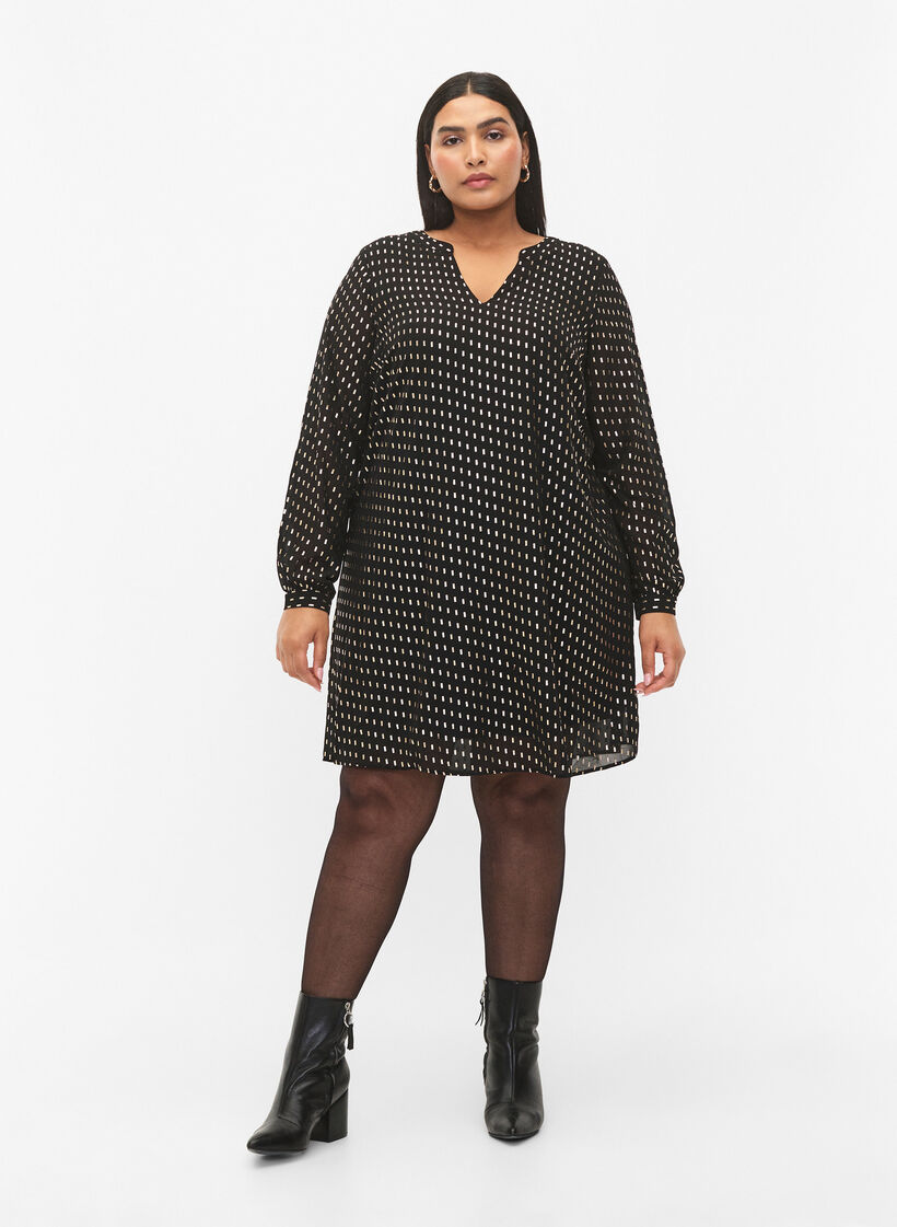 Langærmet kjole med folie print, Black w. Gold, Model image number 2