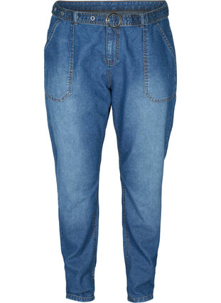 Højtaljede jeans med bælte, Blue denim, Packshot image number 0
