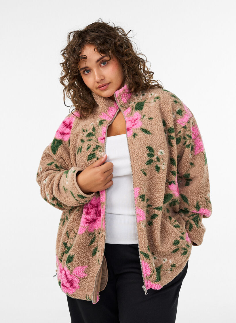 Blomstret fleecejakke med h&oslash;j hals og lynl&aring;s, Beige, Model image number 0