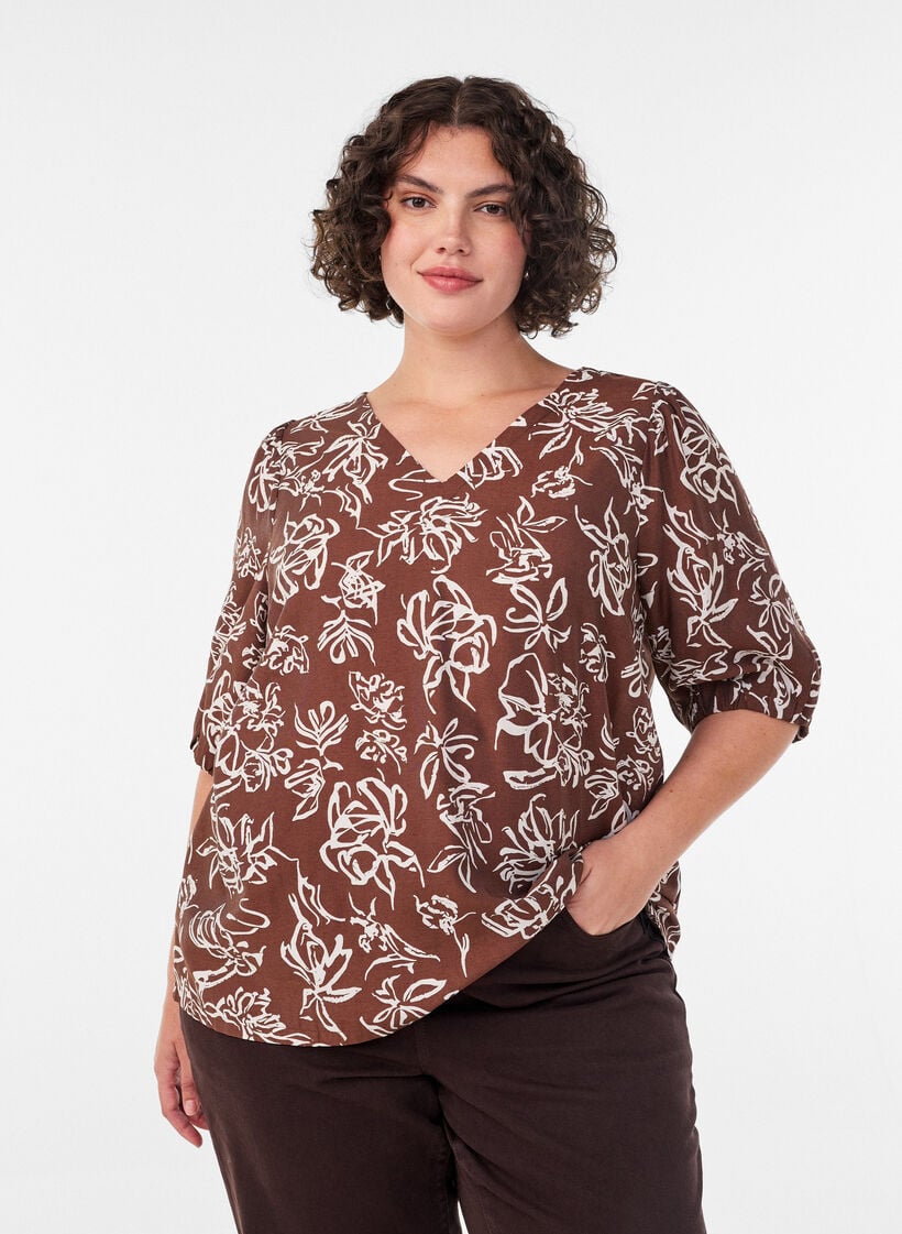 Viskosebluse med V-udsk&aelig;ring, Brun, Model image number 0