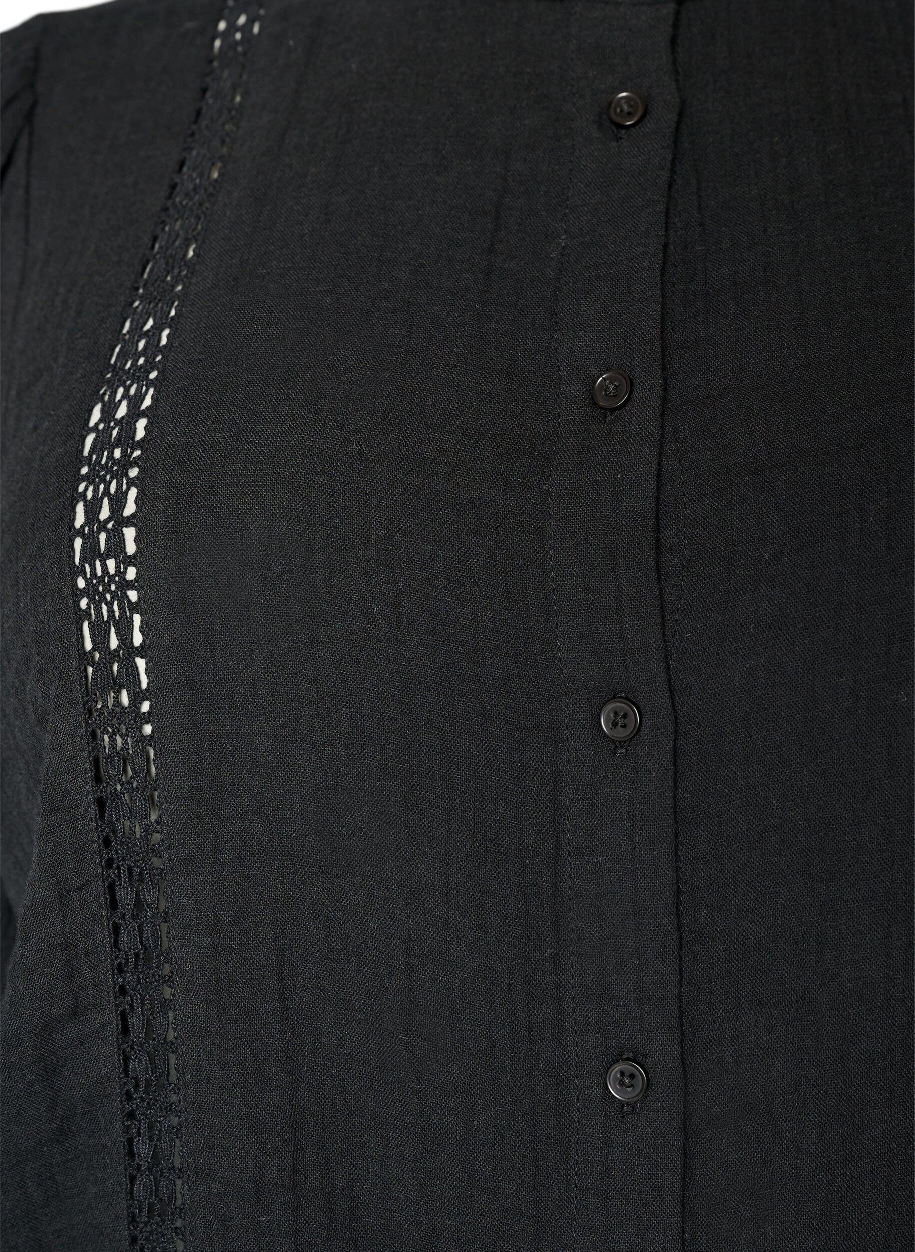 ZizziKort&aelig;rmet bluse i bomuldsmusselin med crochetb&aring;nd, Sort, Packshot image number 2