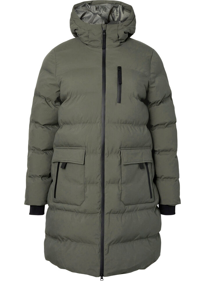 Pufferfrakke med h&aelig;tte og lommer, Gr&oslash;n, Packshot image number 0