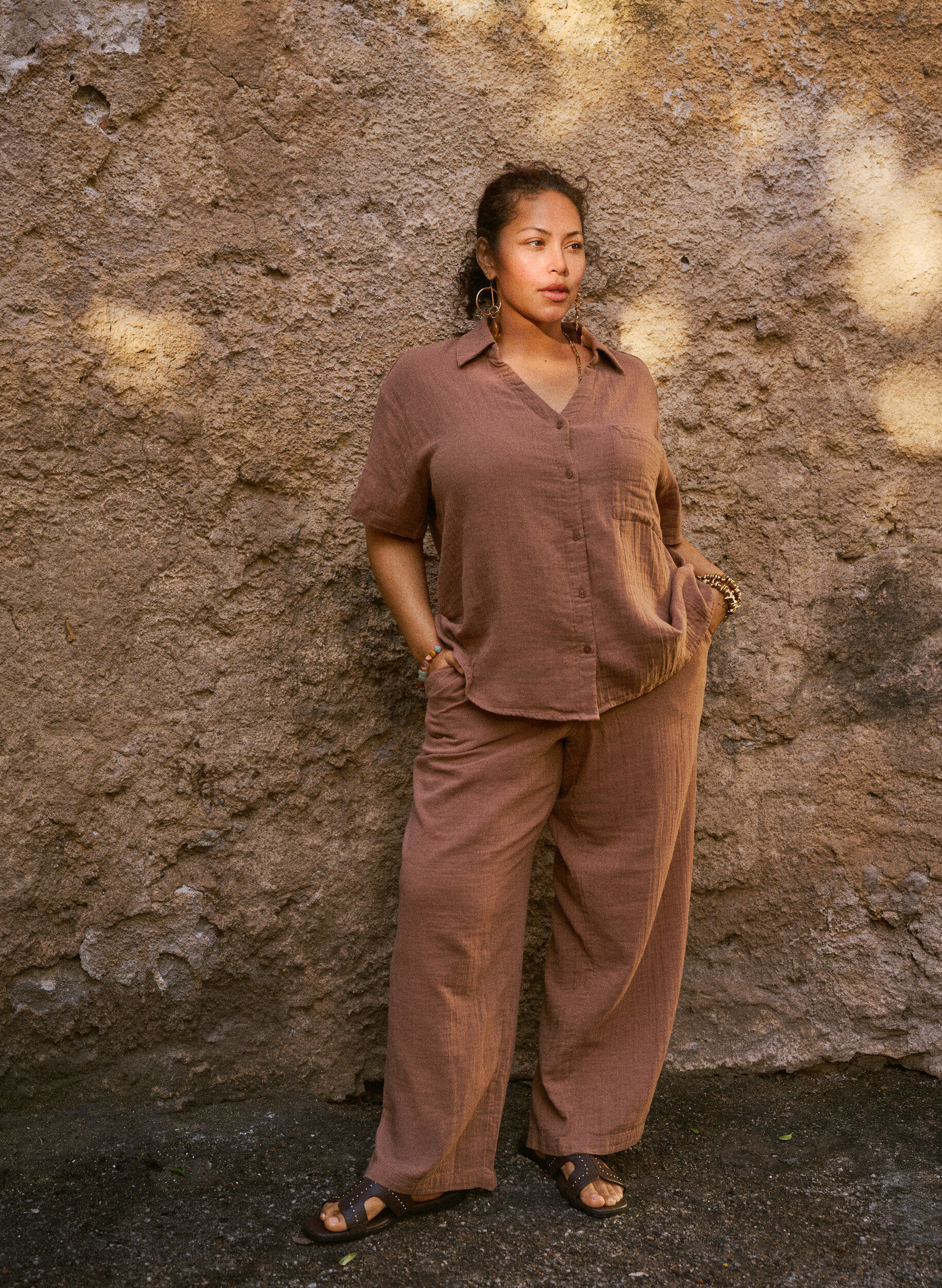 Zizzi Bukser i bomuldsmusselin med h&oslash;j talje og l&oslash;se ben, Brun, Image image number 0