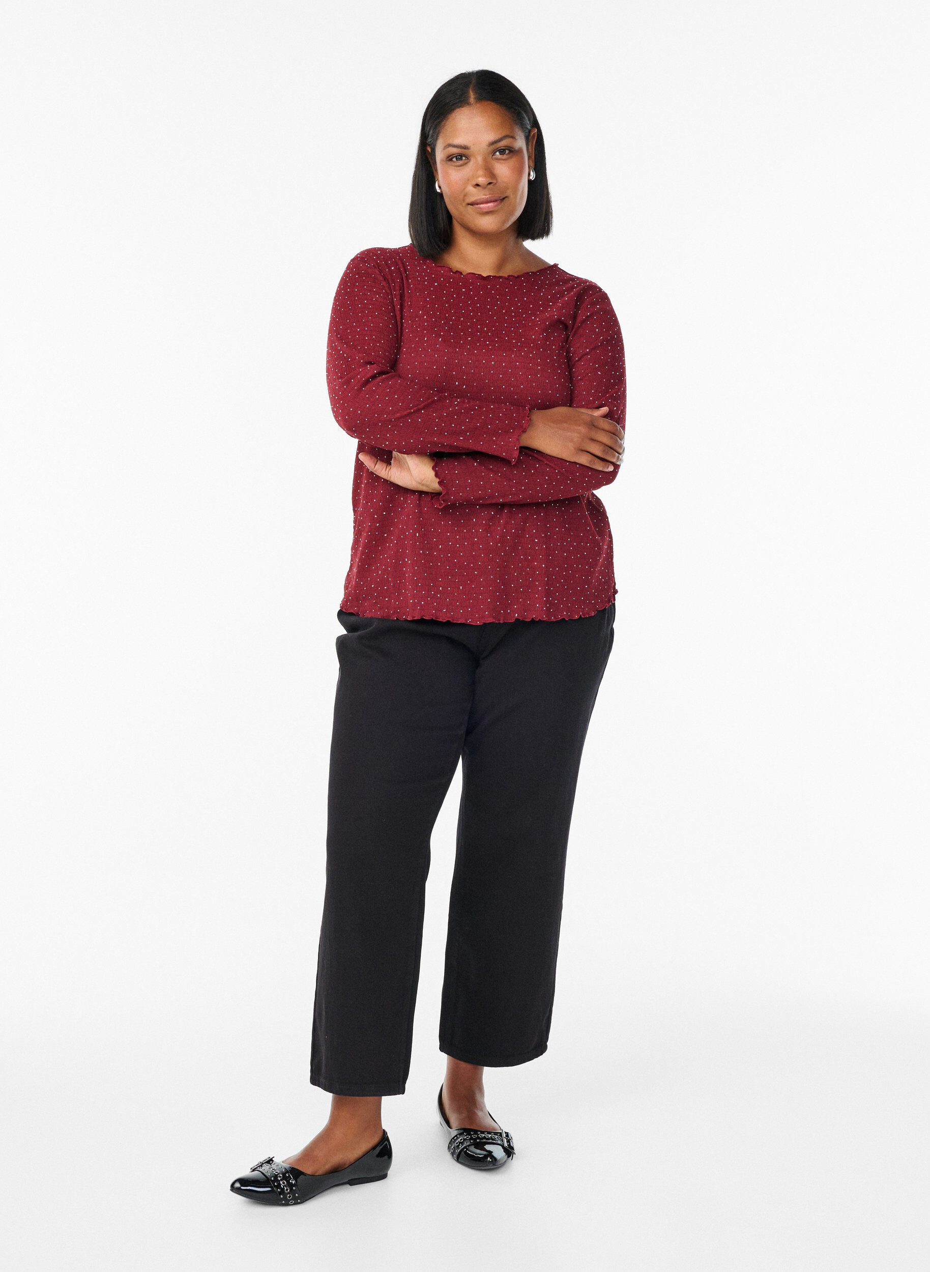 Zizzi Lang&aelig;rmet bluse med rhinsten, M&oslash;rk Bordeaux, Model image number 1