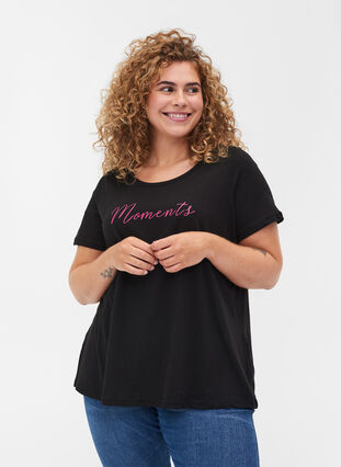 Bomulds t-shirt med a-form og tryk , Black, Model image number 0