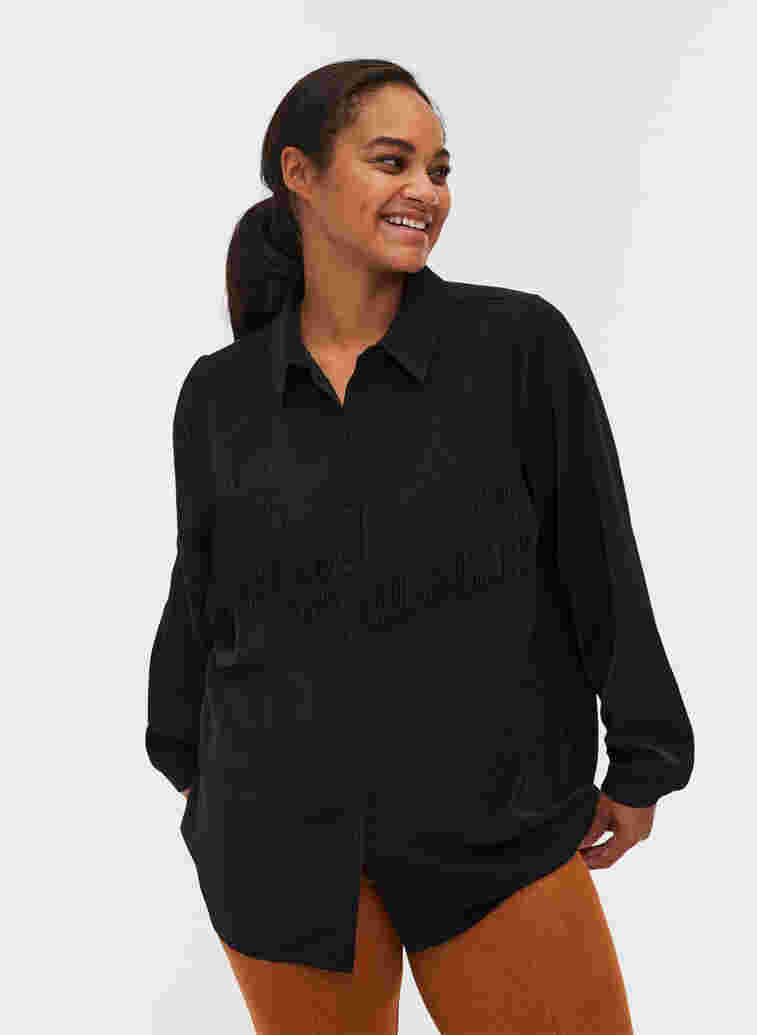 Ensfarvet skjorte med frynser, Black, Model image number 0