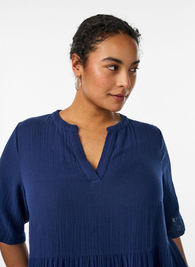 A-formet midikjole i bomuldsmusselin, Bl&aring;, Model image number 2