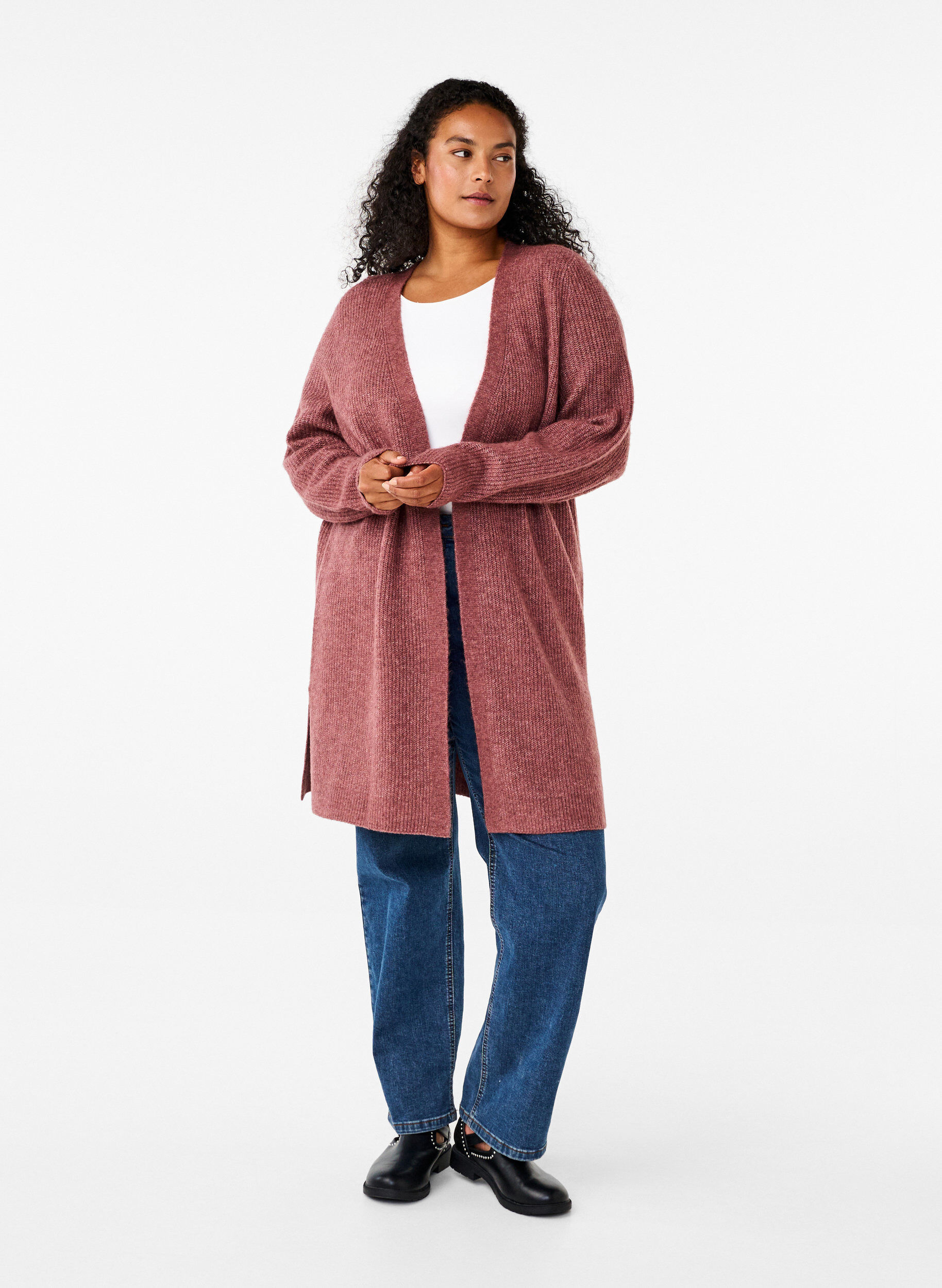 Zizzi FLASH - Ribstrikket cardigan med slidser, Rose Brown Melange, Model image number 2