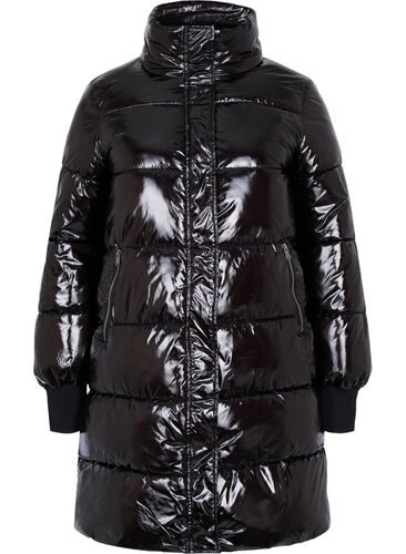 Shiny vinterjakke med lynlås og knaplukning, Black, Packshot image number 0