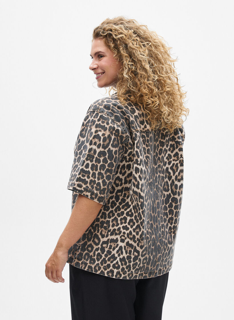Leopardmønstret denimbluse med krave og 1/2 ærmer, Brun, Model image number 2