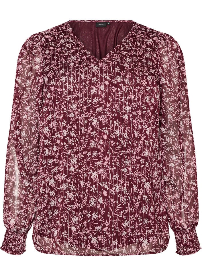 Bluse med blomsterprint og glittertr&aring;d, R&oslash;d, Packshot image number 0