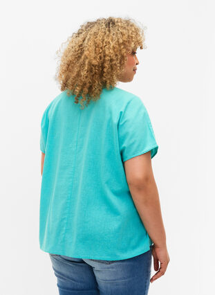 Kortærmet bluse i bomuldsmix med hør, Turquoise, Model image number 1