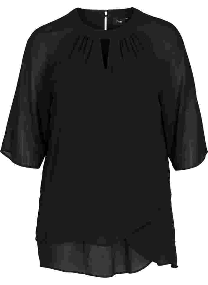 Lang chiffon bluse med 3/4 ærmer, Black, Packshot image number 0