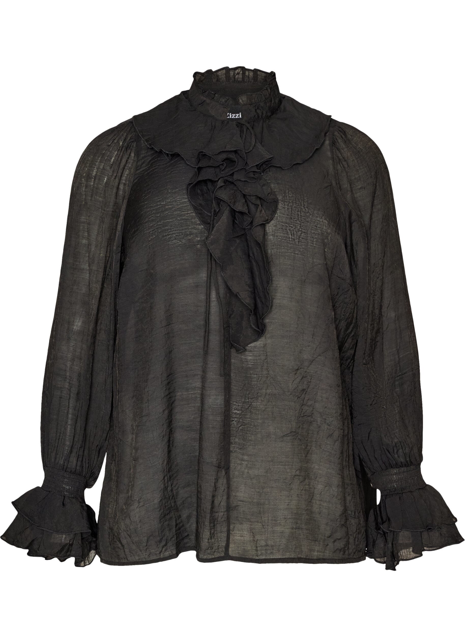 ZizziBluse i viskose med fl&aelig;ser og lange &aelig;rmer, Sort, Packshot image number 0