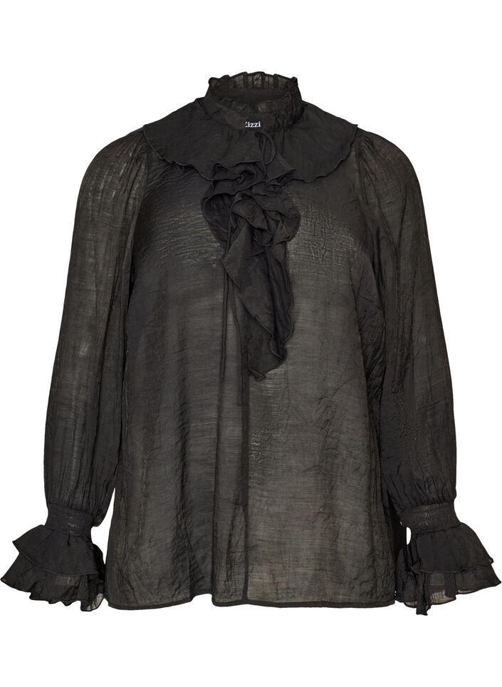 Bluse i viskose med fl&aelig;ser og lange &aelig;rmer, Sort, Packshot image number 0