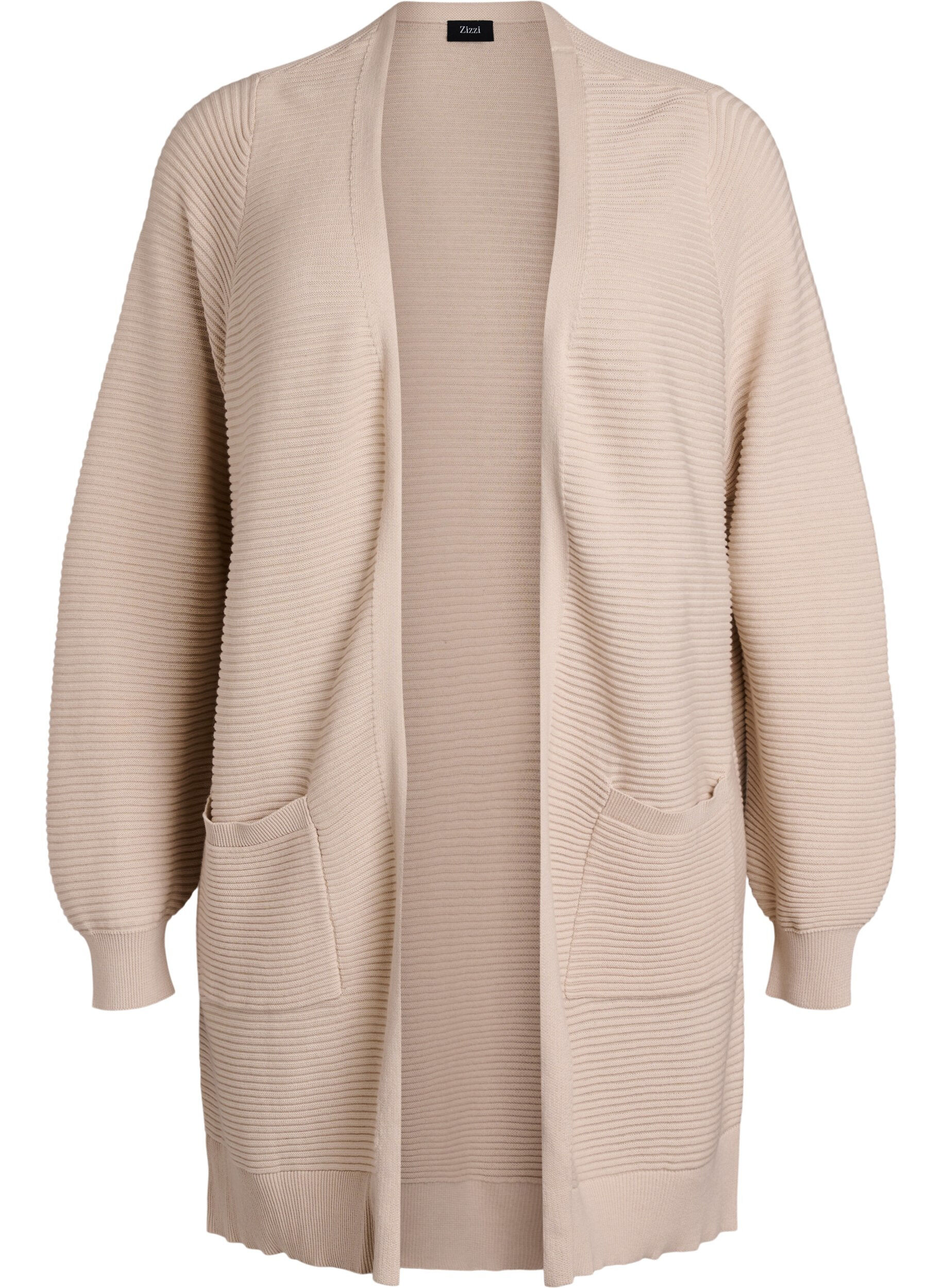 Zizzi Lang ribstrikket cardigan i bomuld, Beige, Packshot image number 0