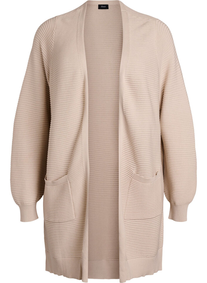 Lang ribstrikket cardigan i bomuld, Beige, Packshot image number 0