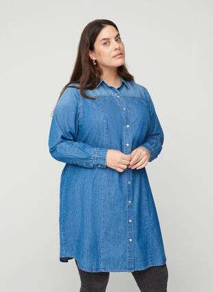Lang denimskjorte i bomuld, Blue denim, Model image number 0