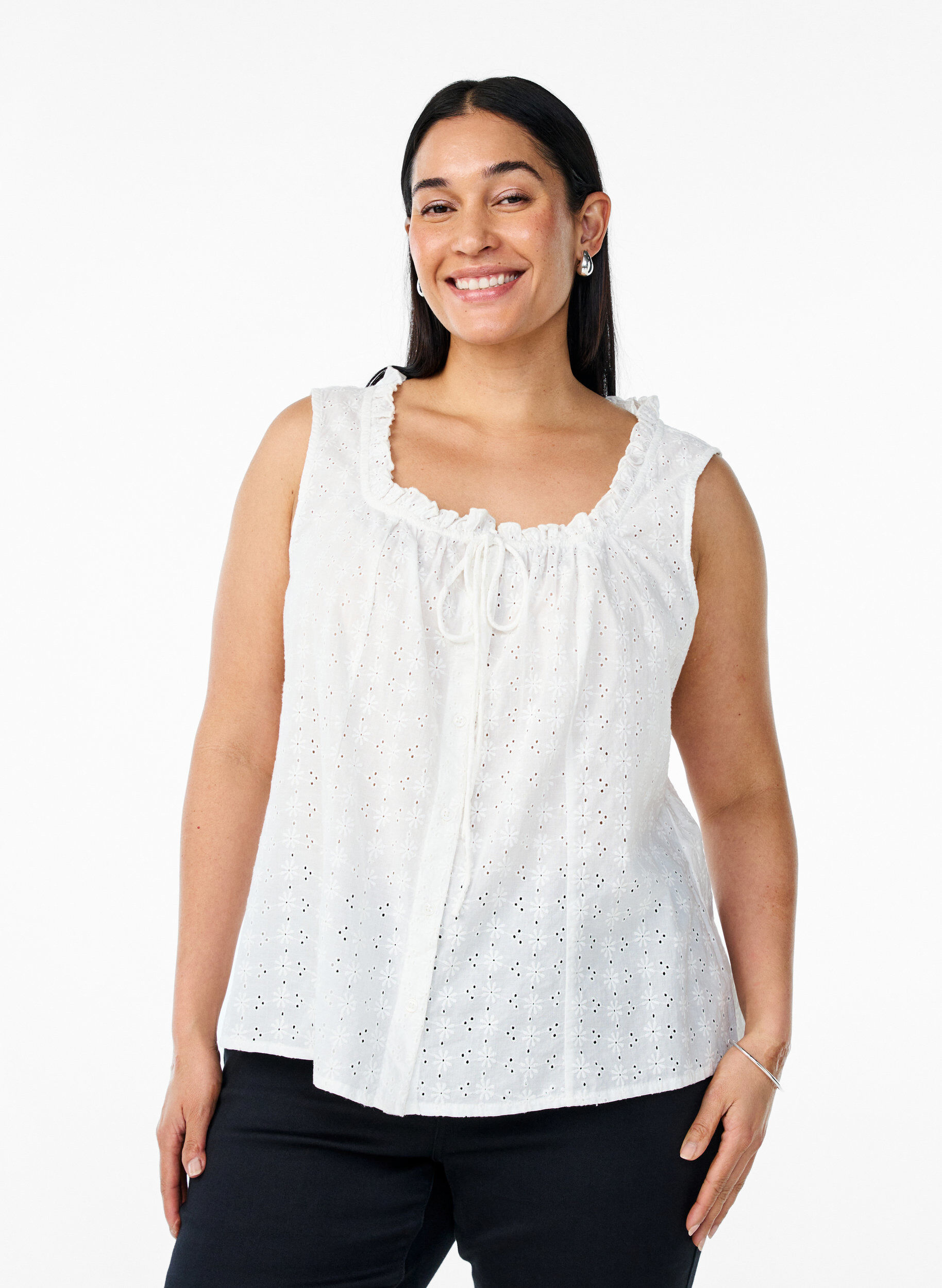 &AElig;rmel&oslash;s bluse med broderie anglaise og fl&aelig;ser, Vanilla, Model