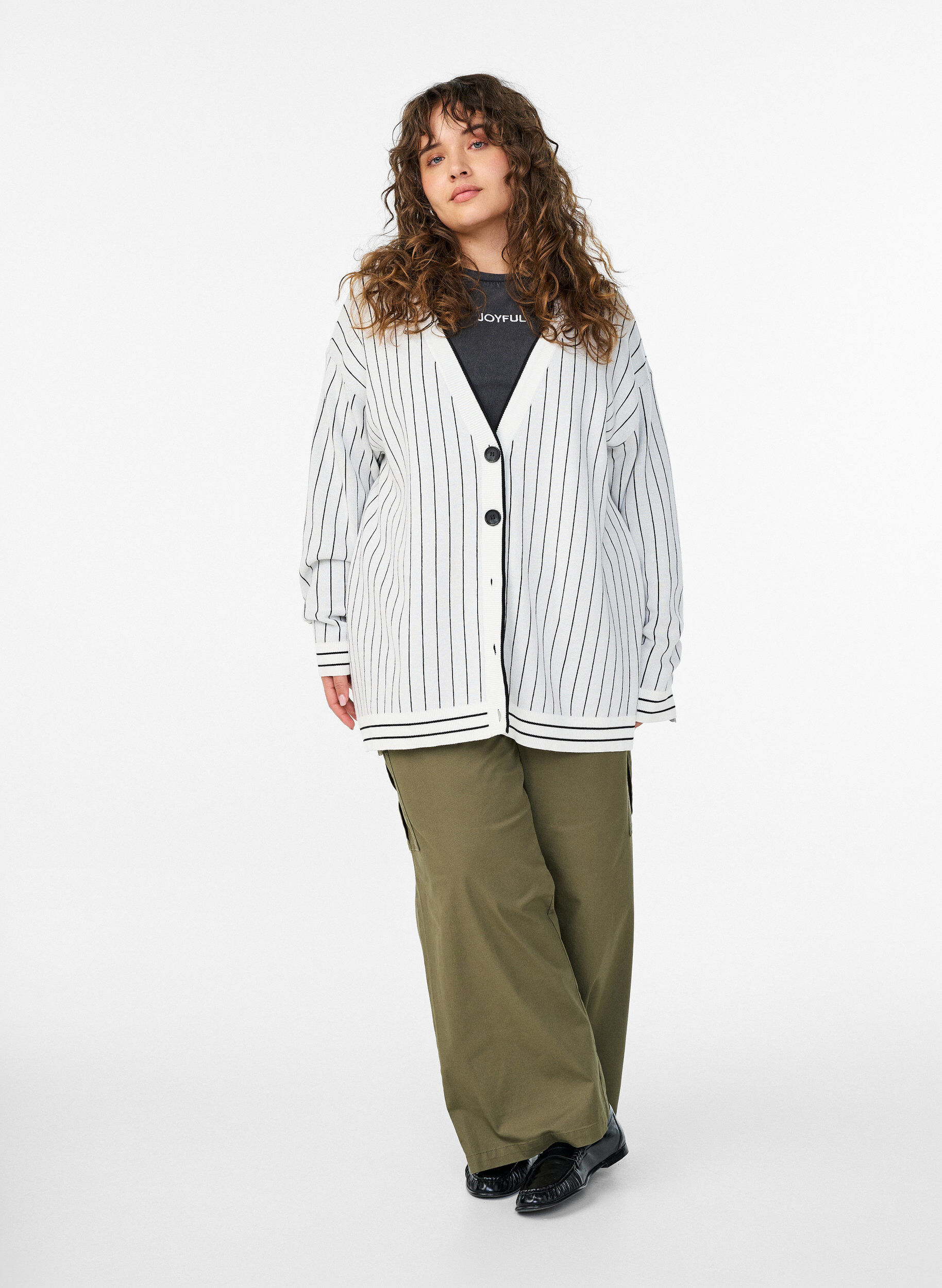 Zizzi Strikket cardigan med striber og rygmotiv, Hvid, Model image number 1