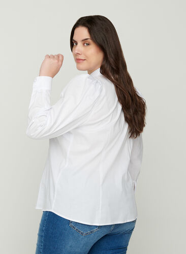 Bomulds skjorte med pufærmer, Bright White, Model image number 1
