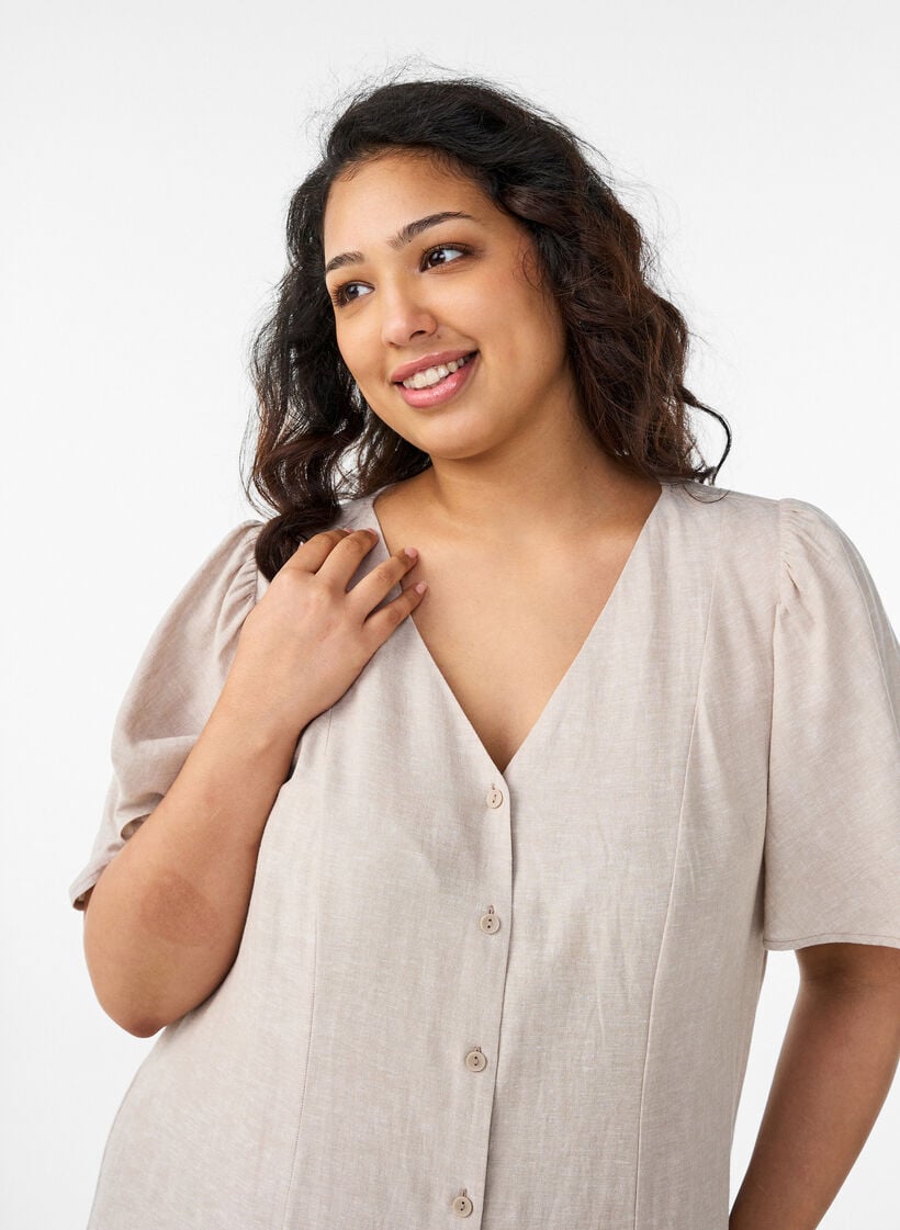 Midikjole i h&oslash;r og viskose med fl&aelig;se&aelig;rmer, Beige, Model image number 2