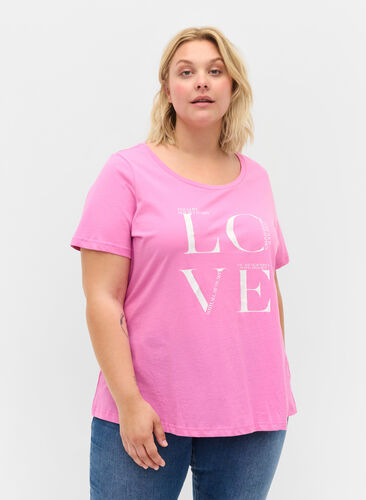Kortærmet bomulds t-shirt med tryk, Cyclamen LOVE, Model image number 0