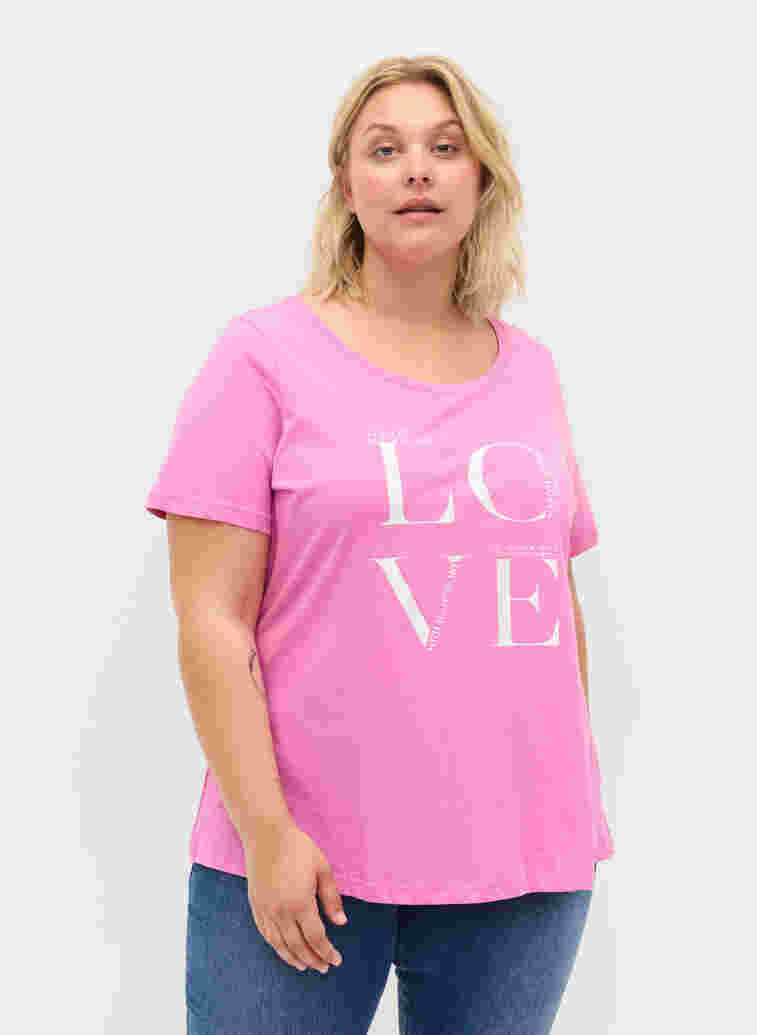Kortærmet bomulds t-shirt med tryk, Cyclamen LOVE, Model