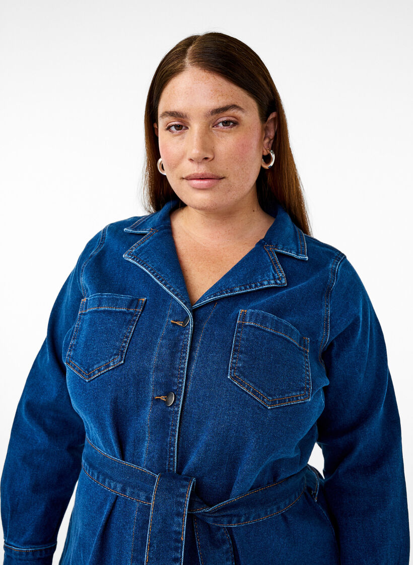 Midi skjortekjole i denim med bælte, Dark Blue Denim, Image image number 0