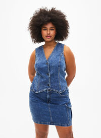 Tætsiddende denim nederdel med cargolomme , Blue Denim, Model