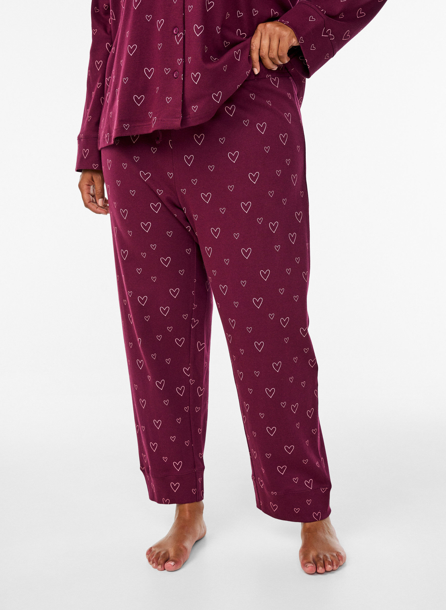 Zizzi Pyjamasbukser i bomuld med h&oslash;j talje, M&oslash;rk Bordeaux, Model image number 2