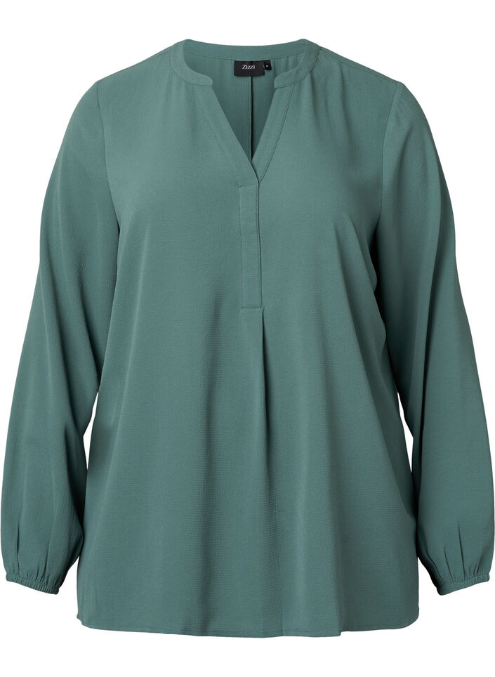 Ensfarvet bluse med v-hals, Mallard Green, Packshot image number 0
