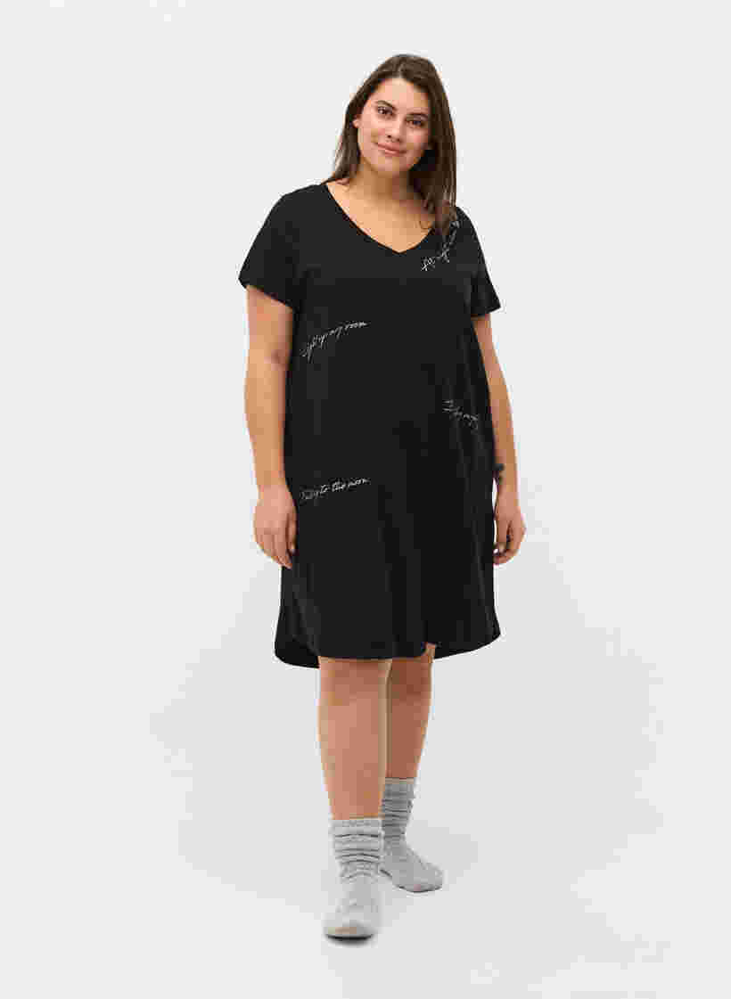 Kortærmet bomulds natkjole med print, Black Silv Foil Text, Model image number 2