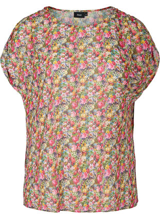 Kortærmet bluse med blomsterprint, Pink Flower AOP, Packshot image number 0