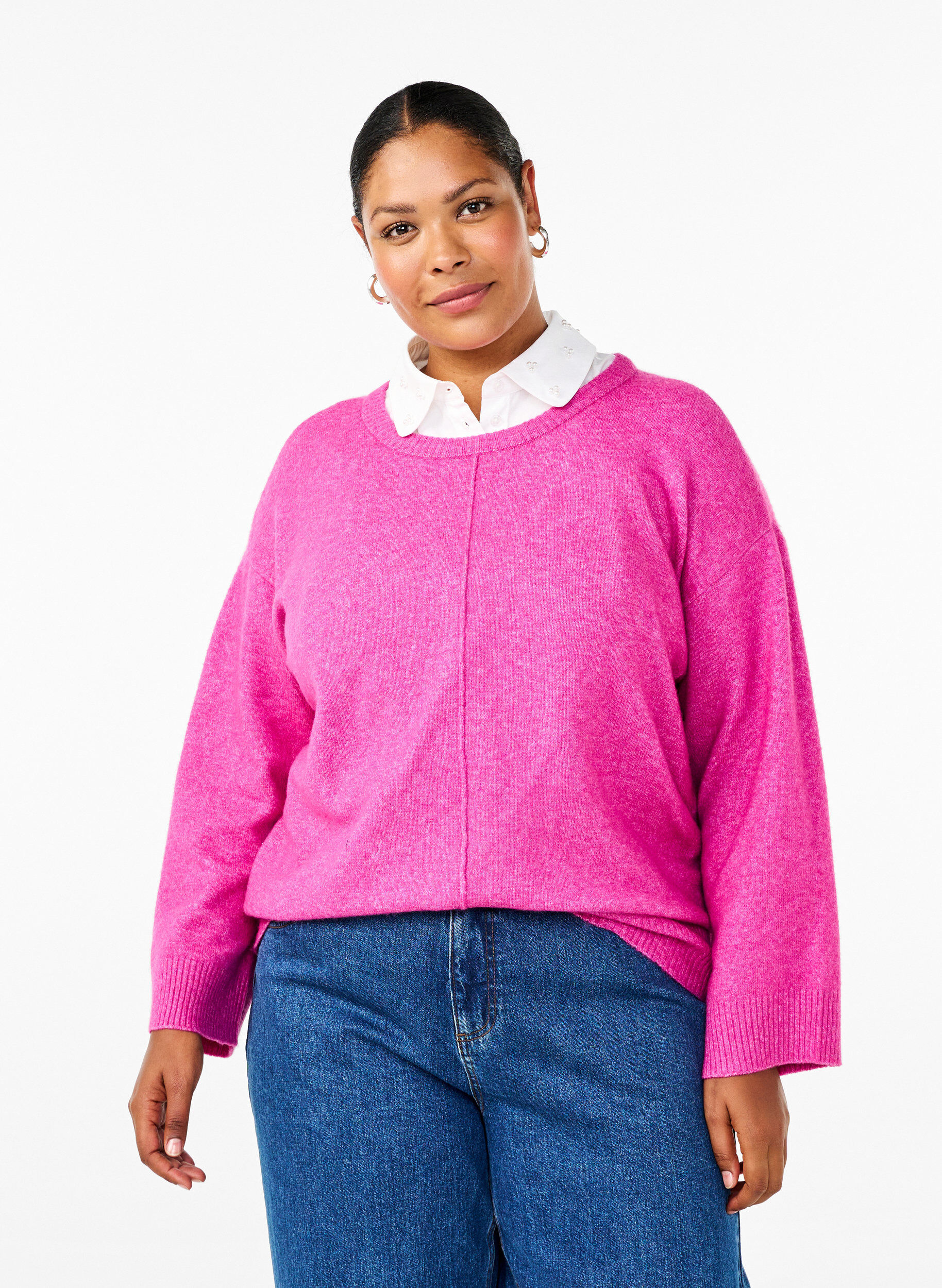 Zizzi Strikbluse med rund hals og midters&oslash;m, Fuchsia Red Mel., Model image number 0
