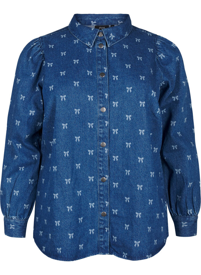 Denimskjorte med sløjfer, Denim Blue W. Wh.Bow, Packshot image number 0