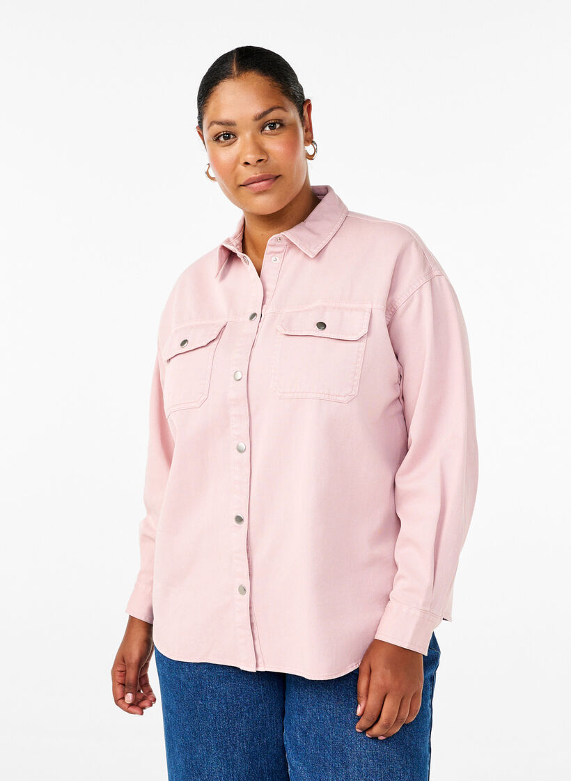 Ensfarvet denimskjorte med brystlommer, Pale Mauve, Model image number 0