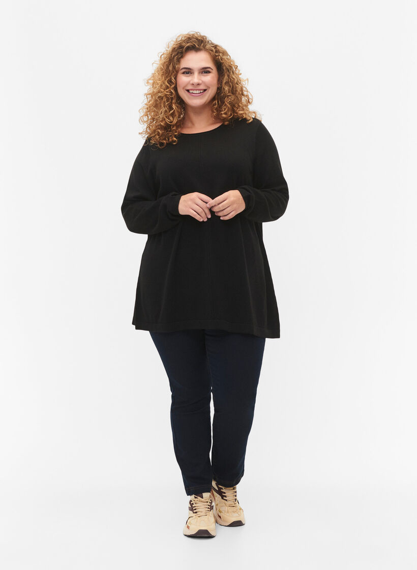 Strikbluse i bomulds-viskosemix, Sort, Model image number 1
