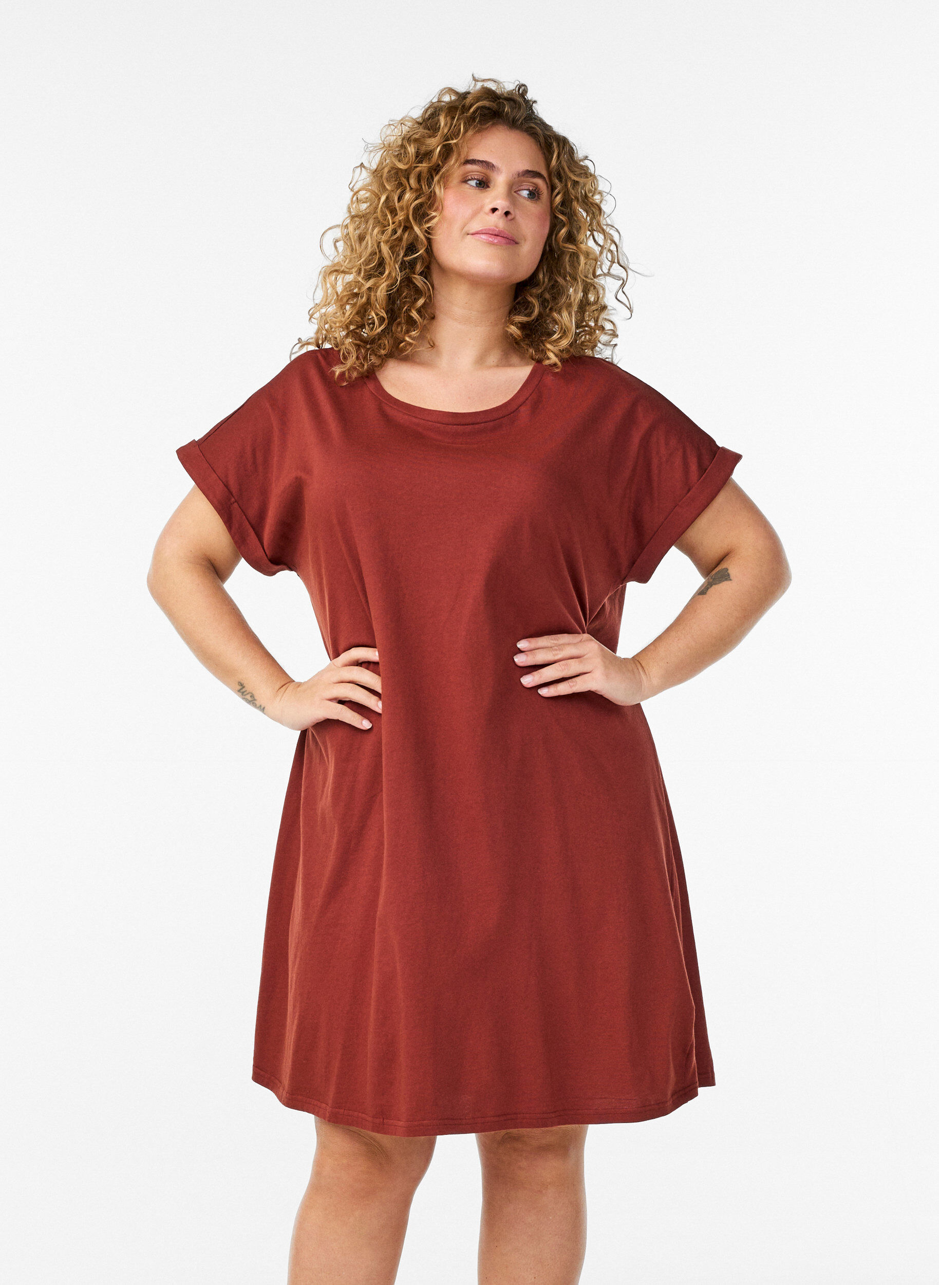 Zizzi 2-pak t-shirt kjole med korte &aelig;rmer, Orange, Model image number 0