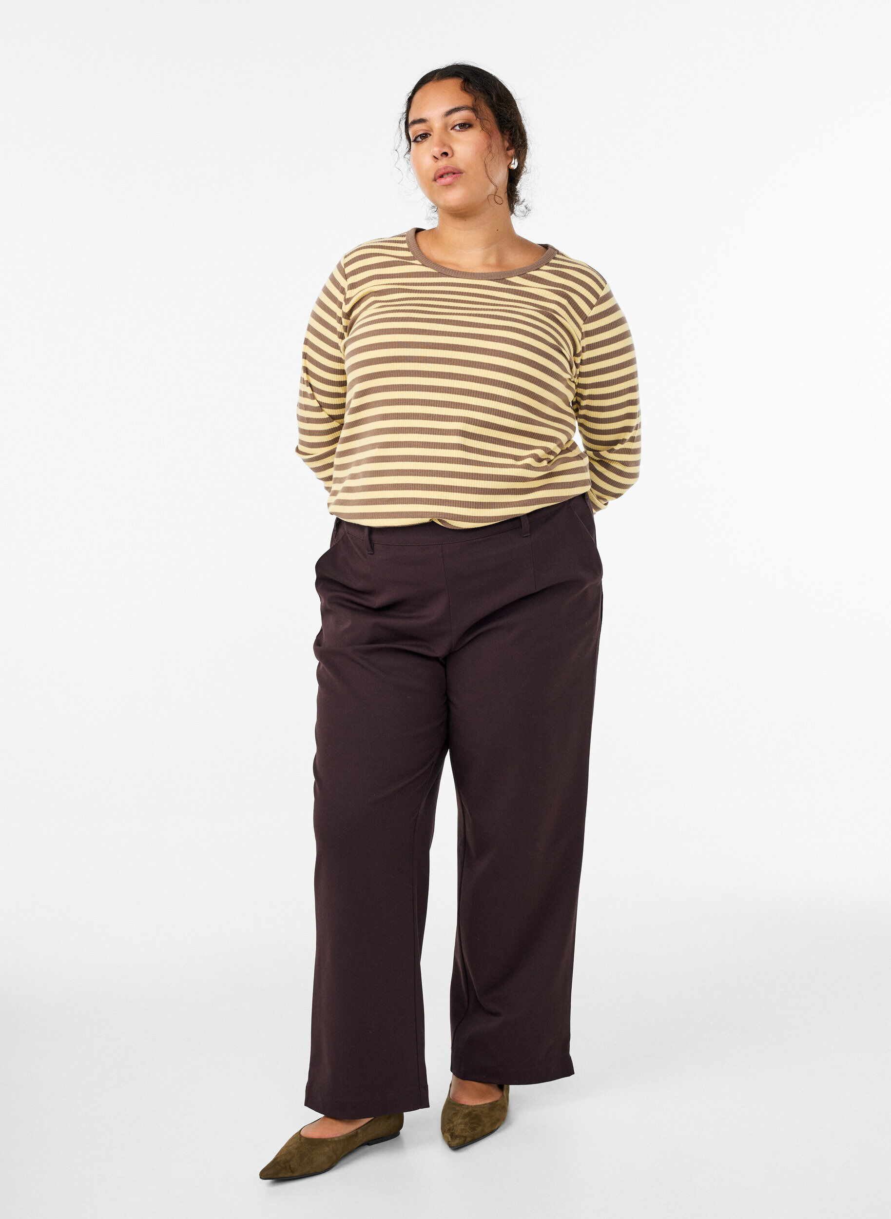ZizziStribet bluse med lange &aelig;rmer, Brun, Model image number 1