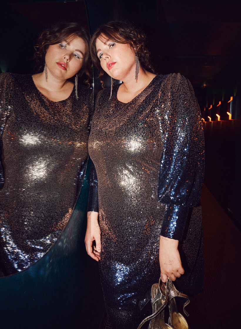 Pailletkjole med ballonærmer, Evening Blue Cobber, Image image number 0